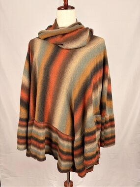 Tempo Paris Striped Cowl Neck Sweater Poncho in Rust, Olive & Cream M